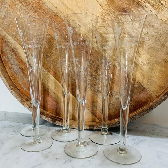 PERRIER JOUET (6) Champagne Flutes 9-3/4" White Floral Trumpet Etched VTG NIB - Picture 2 of 12